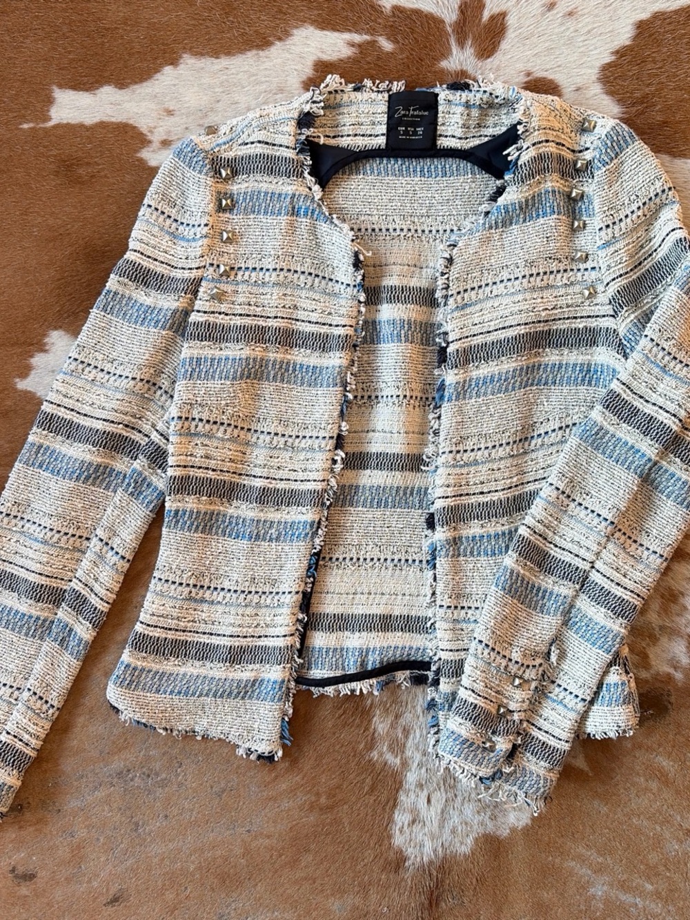 Zara Trafaluc Striped Tweed Fringe Jacket in Blue and Cream